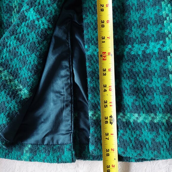 Isaac Mizrahi Navy and Green Plaid Trench Coat With Lined Removable Hood Sz 16 - Picture 10 of 11